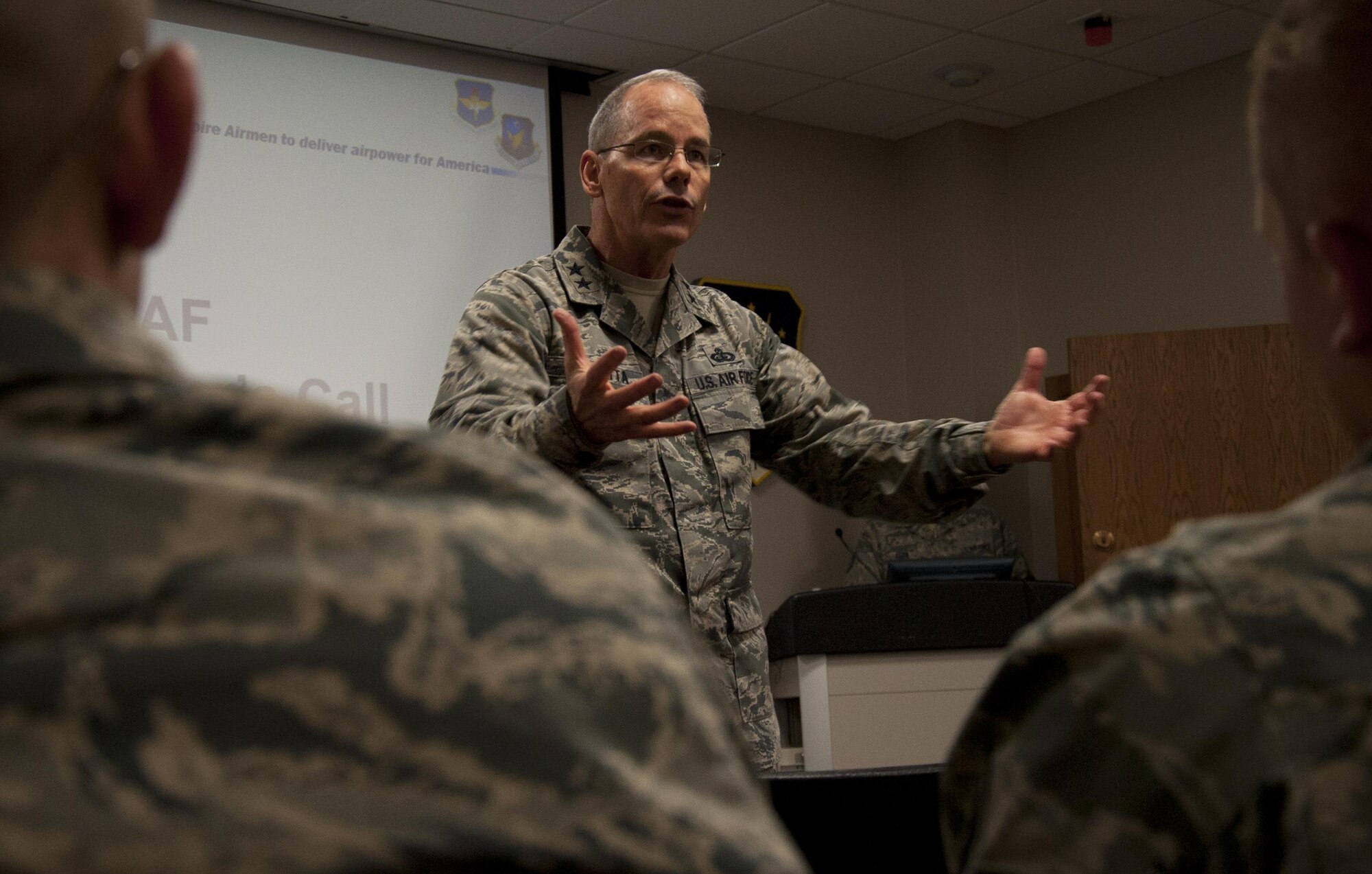 Maj. Gen. Robert D. LaBrutta, Second Air Force commander, speaks to Detachment 23, 373rd Training Squadron Airmen at Minot Air Force Base, N.D., April 18, 2017. LaBrutta has been the Second AF commander since August 2016. (U.S. Air Force photo/Airman 1st Class Alyssa M. Akers)