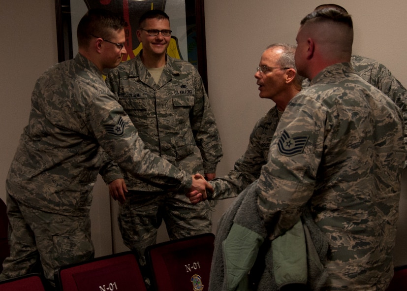 Maj. Gen. Robert D. LaBrutta, Second Air Force commander, greets Detachment 23, 373rd Training Squadron Airmen at Minot Air Force Base, N.D., April 18, 2017. LaBrutta visited multiple training facilities to include the U-1 training launch facility and Det 23 during his tour at Minot AFB. (U.S. Air Force photo/Airman 1st Class Alyssa M. Akers)