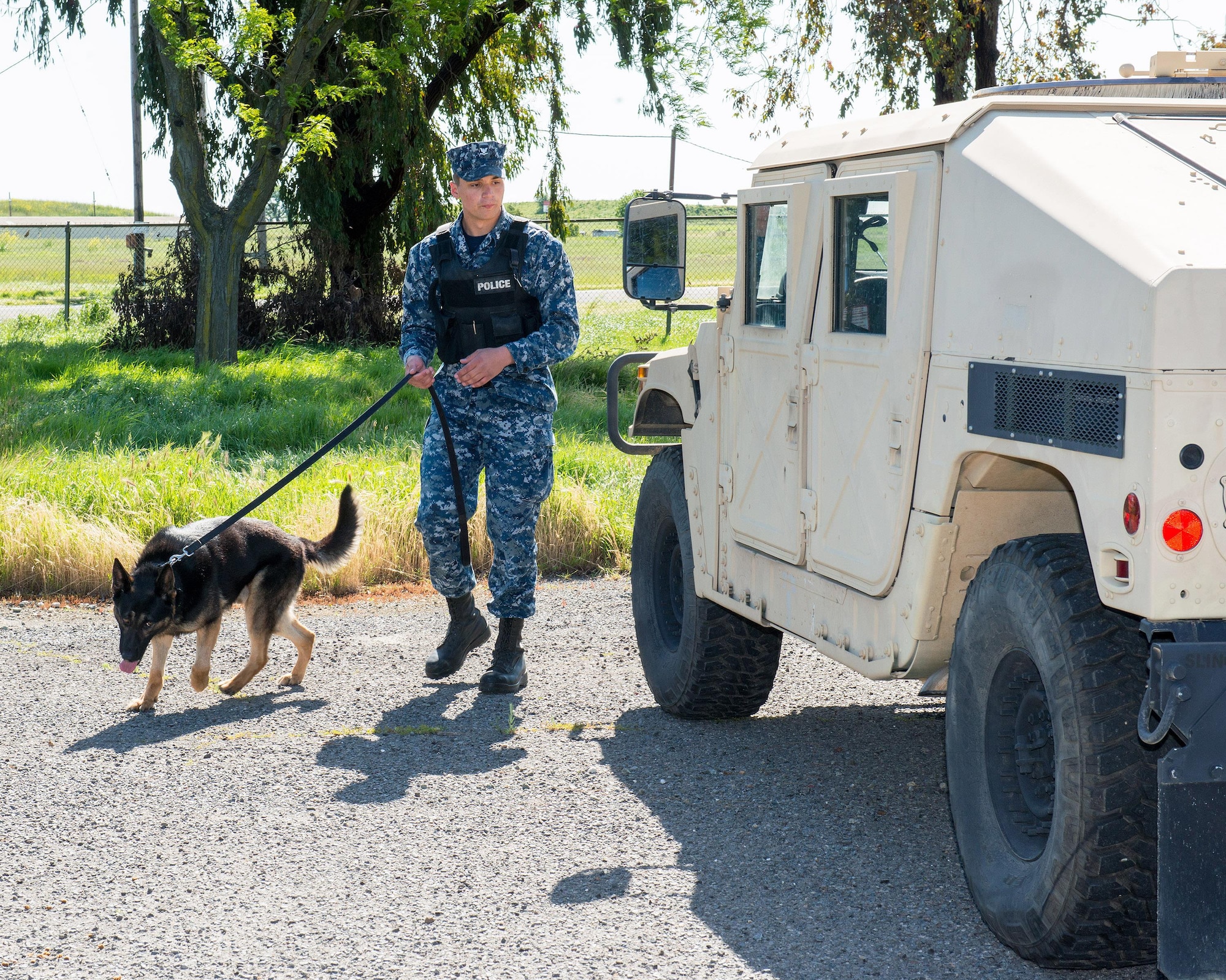 U.S. Navy Petty Officer 3rd Class Donavan Fiscus, Navy Air Station Fallon, Nev., runs his dog Cantor during the Western State Police Canine Association trials held at Travis Air Force Base, Calif., April 14, 2017. The 2-day event featured competition in bomb and drug detection that stress the importance of control, as well as safety tactics while encountering scenarios that mimic encounters on the street. (U.S. Air Force photo by Louis Briscese)