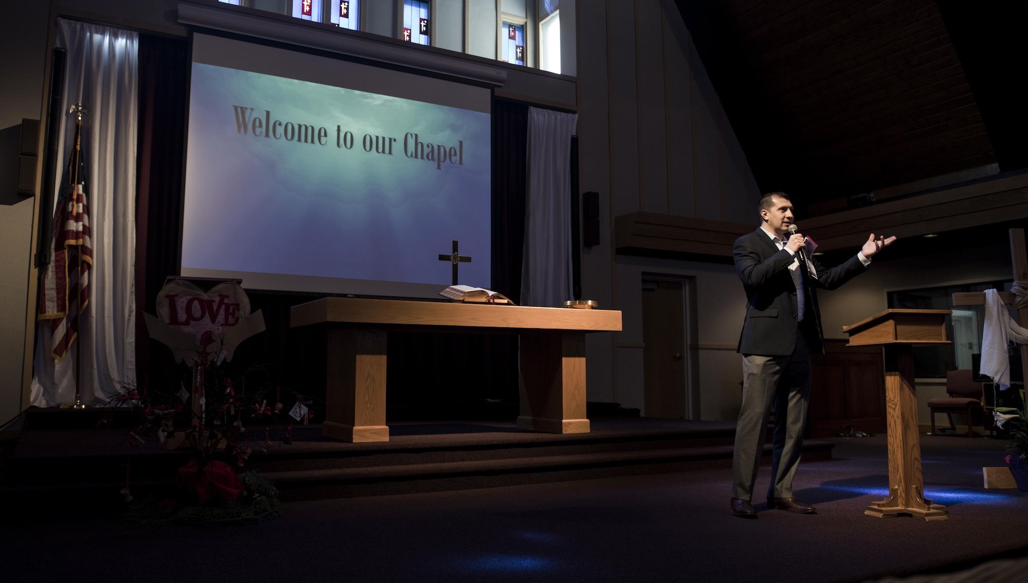 Capt. Juan Reyes, 92nd Air Refueling Wing chaplain, speaks during a protestant Ester service April 16, 2017, at Fairchild Air Force Base, Washington. The chapel encourages all Airmen of all faiths to embrace religious freedom and use it in their lives to be accepting of all Airmen regardless of their own religious identities. (U.S. Air Force photo/Airman 1st Class Sean Campbell)