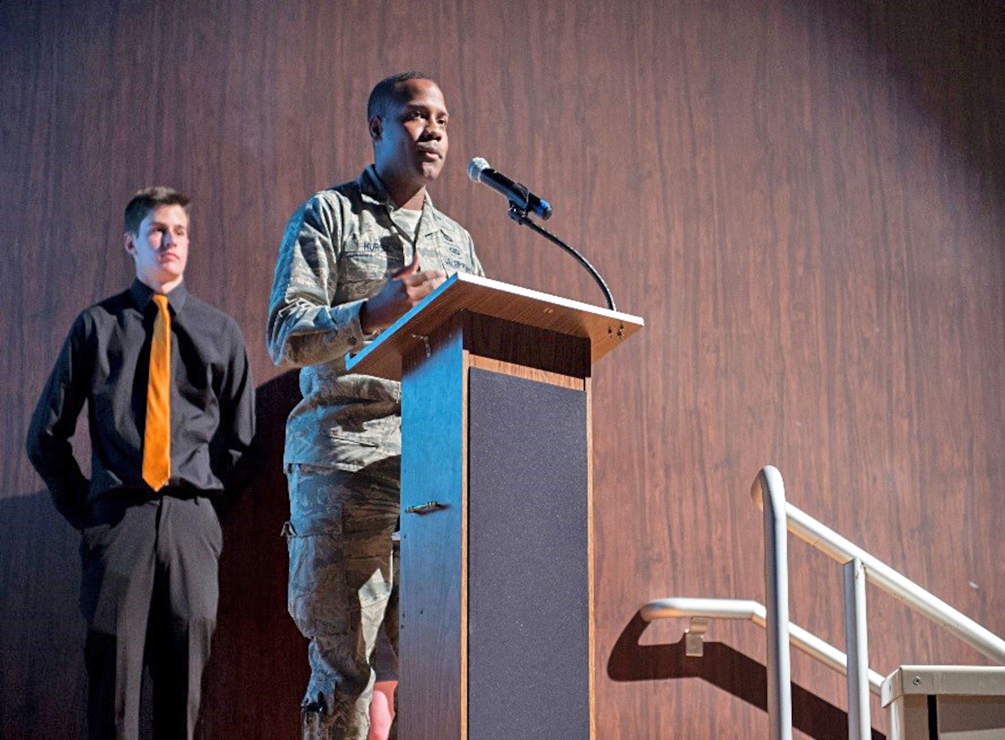 1st Lt. Harvey Hurst, Air Force Research Laboratory Rocket Propulsion Division program manager, speaks to a crowd at Lancaster High School March 23. (U.S. Air Force photo by Kyle Larson)