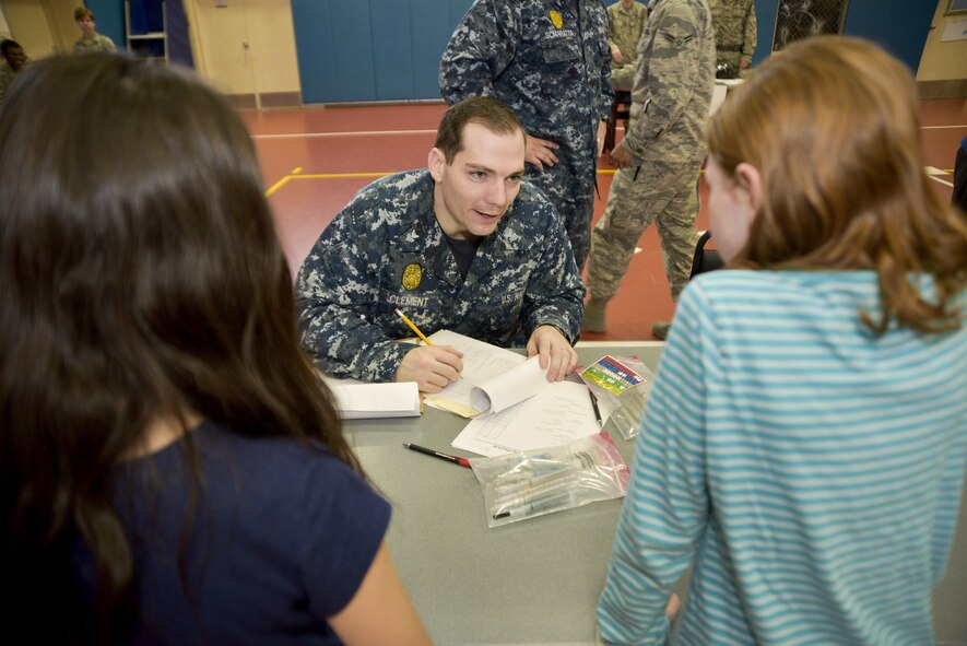 U.S. Navy Master at Arms 1st Class Richard Clement, a Naval Air Facility security watch commander check two girls off on their “in processing” checklist for the Spring Break Junior Boot Camp event at Misawa Air Base, Japan, April 7, 2017. Airmen and Sailors volunteered for the event and provided the kids with and insight what it was like joining the military. (U.S. Air Force photo by Staff Sgt. Melanie A. Hutto)