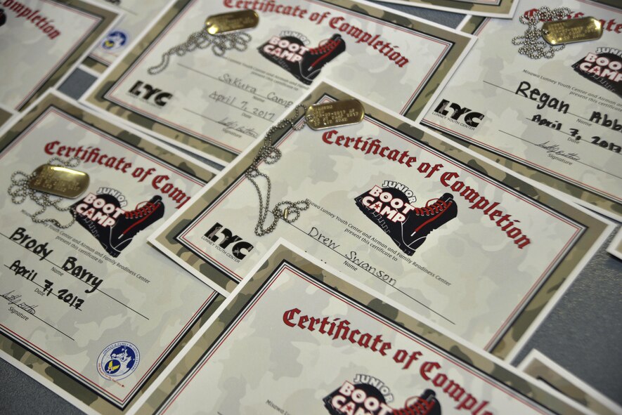 Spring Break Junior Boot Camp event at Misawa Air Base, Japan, April 7, 2017. The 36 children in attendance received a certificate of completion and a personalized dog tag. (U.S. Air Force photo by Staff Sgt. Melanie A. Hutto)