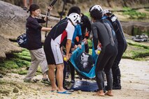 A makeshift rescue team of Okinawan veterinarians, and personnel from the 18th Security Forces Squadron and 18th Force Support Squadron coordinate efforts to rescue an injured dwarf sperm whale April 17, 2017, at Kadena Marina, Japan. The makeshift team was successfully able to rescue the whale and named it Marino. (U.S. Air Force photo by Senior Airman Omari Bernard/Released)