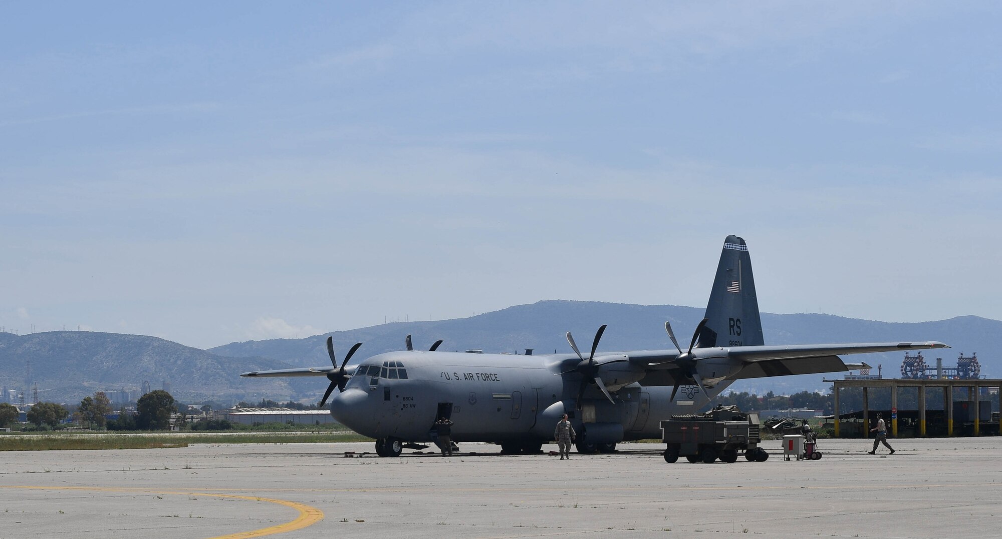 A C-130J Super Hercules is parked on the flight line at Elefsis Air Base, Greece, April 19, 2017. Approximately 110 Airmen and three C-130J Super Hercules aircraft from the 86th Airlift Wing’s 37th Airlift Squadron, Ramstein Air Base, Germany, will participate in Exercise Stolen Cerberus IV with the Hellenic air force and the U.S. Army till April 28. (U.S Air Force photo by Senior Airman Tryphena Mayhugh)