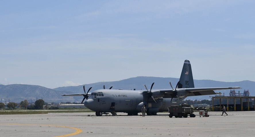 A C-130J Super Hercules is parked on the flight line at Elefsis Air Base, Greece, April 19, 2017. Approximately 110 Airmen and three C-130J Super Hercules aircraft from the 86th Airlift Wing’s 37th Airlift Squadron, Ramstein Air Base, Germany, will participate in Exercise Stolen Cerberus IV with the Hellenic air force and the U.S. Army till April 28. (U.S Air Force photo by Senior Airman Tryphena Mayhugh)