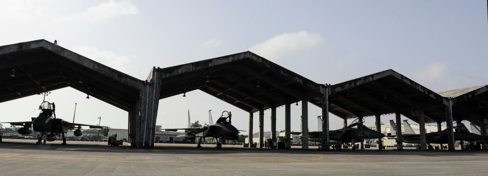 U.S. Air Force F-15 Eagles assigned to the 44th Fighter Squadron are prepared for flight by 44th Aircraft Maintenance Unit crew chiefs April 19, 2017, at Kadena Air Base, Japan. The F-15 Eagle is a classic war-fighting jet capable of reaching speeds of more than 1,800 mph. (U.S. Air Force photo by Senior Airman Lynette M. Rolen)