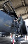 U.S. Air Force 1st Lt. Austin Hurley, 44th Fighter Squadron pilot, climbs up to the cockpit of an F-15 Eagle April 19, 2017, at Kadena Air Base, Japan. The 44th FS participates in multiple exercises throughout each year, maintaining partnerships with neighboring nations as well as peace and stability in the Pacific region. (U.S. Air Force photo by Senior Airman Lynette M. Rolen)