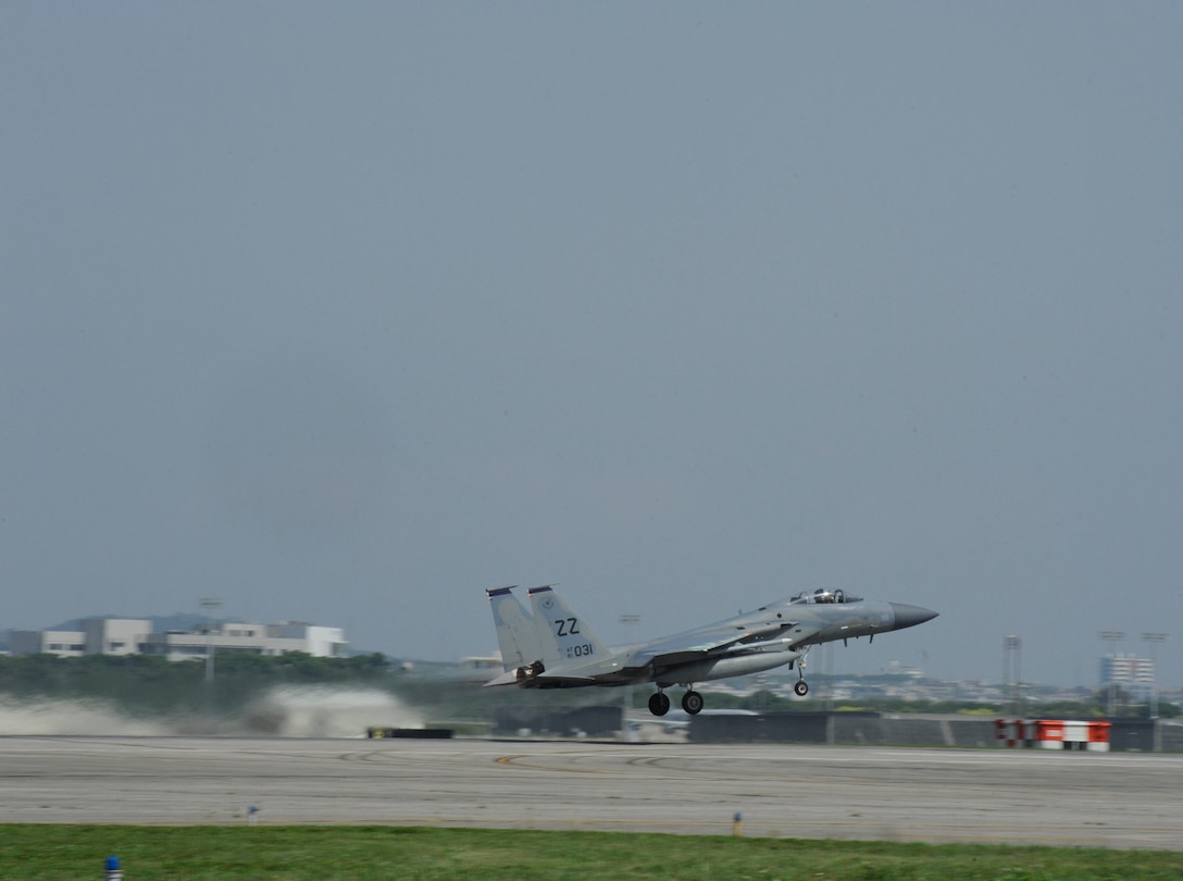 A U.S. Air Force F-15 Eagle assigned to the 44th Fighter Squadron takes off from the runway April 19, 2017, at Kadena Air Base, Japan. The 44th FS provides invaluable support to the operational plans and contingency operations of the Pacific Command. (U.S. Air Force photo by Senior Airman Lynette M. Rolen)