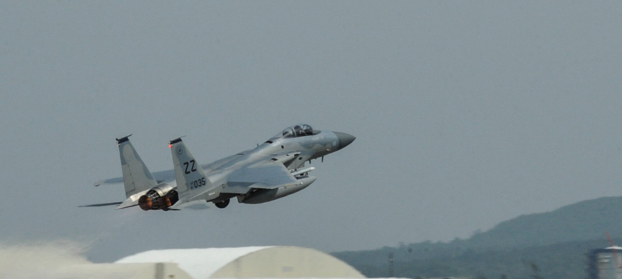 A U.S. Air Force F-15 Eagle assigned to the 44th Fighter Squadron takes off from the runway April 19, 2017, at Kadena Air Base, Japan. Kadena is the Keystone of the Pacific, with F-15s capable of supporting multiple missions and exercises throughout the Pacific area of responsibility. (U.S. Air Force photo by Senior Airman Lynette M. Rolen)