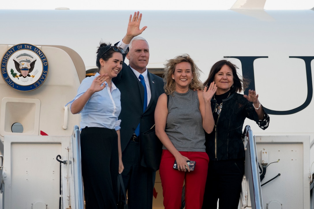 Vice President Mike Pence and his family wave as they depart Naval Air Facility Atsugi, Japan, April 19, 2017, bringing to a close Pence’s first official visit to Japan since taking office. Navy photo by Petty Officer 2nd Class Michael Doan