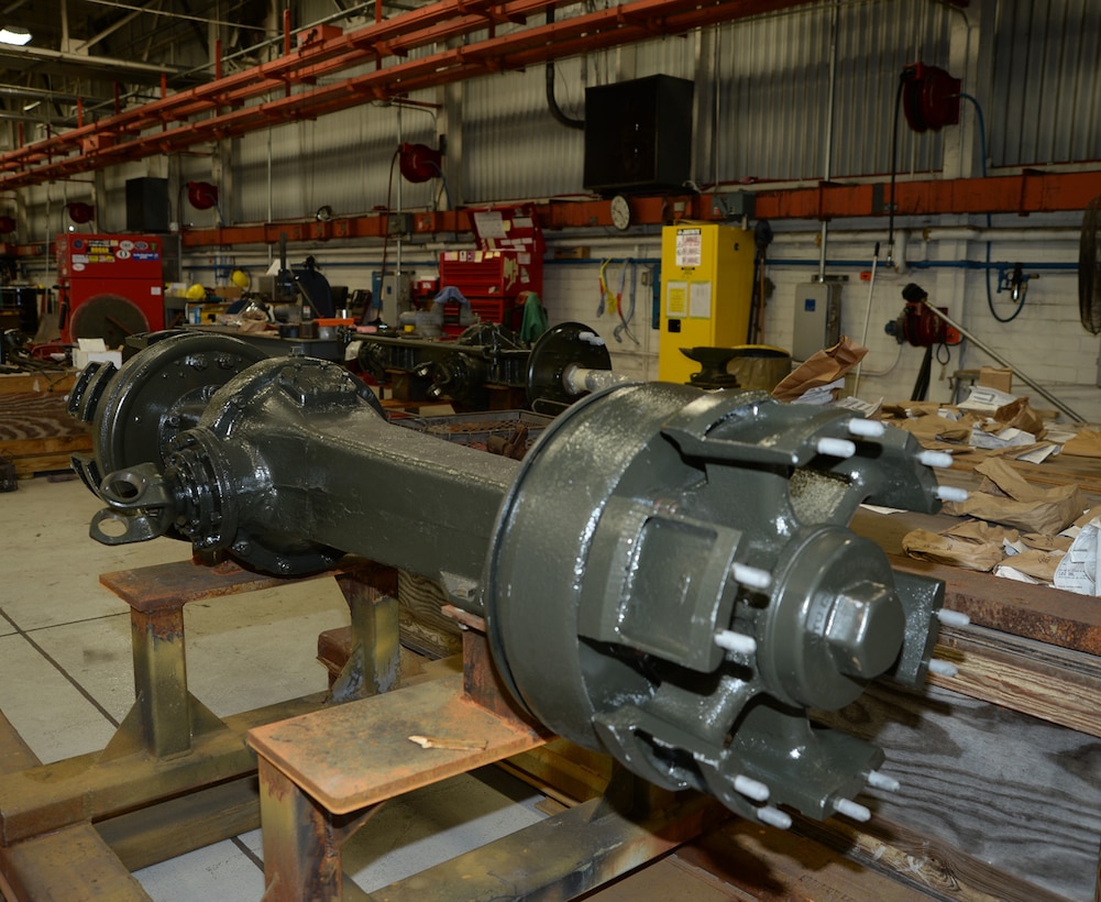 The rear axle of a World War II, Suspension Unit-Cab Over Engine Prime Mover, 4x4 Cargo Truck, is complete and awaiting reassembly April 17 for inclusion in the National Museum of the Marine Corps.