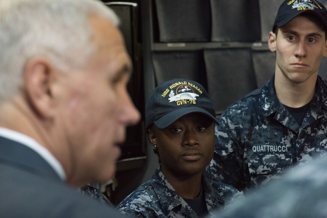 Vice President Mike Pence speaks to U.S. service members aboard the USS Ronald Reagan in Yokosuka, Japan, April 19, 2017. White House photo by D. Myles Cullen