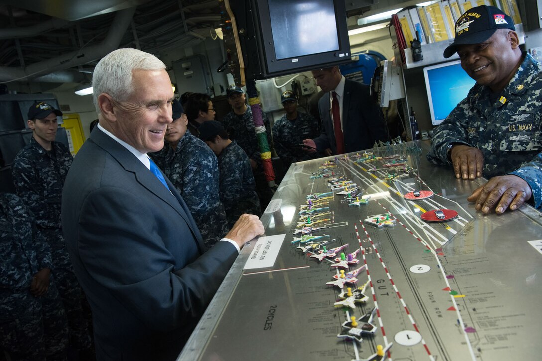 Vice President Mike Pence speaks with U.S. service members aboard the USS Ronald Reagan in Yokosuka, Japan, April 19, 2017. White House photo by D. Myles Cullen