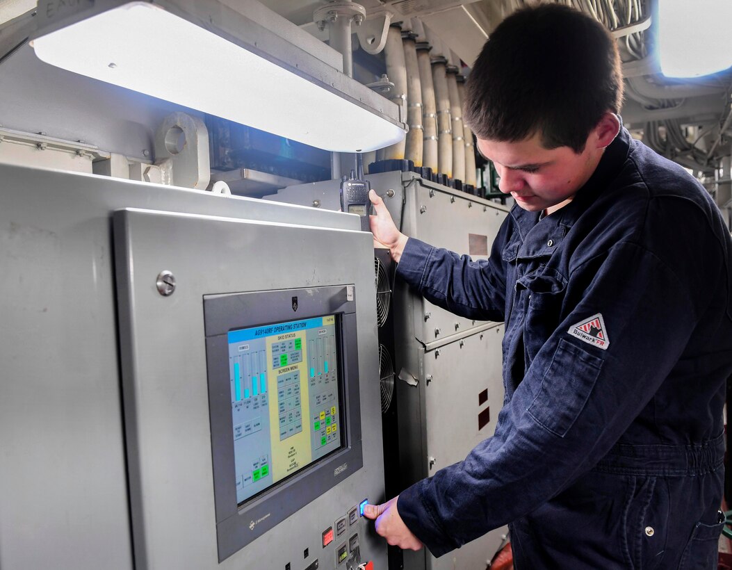 Navy Seaman Jeffery Zeedyk initiates a water-washing maintenance check aboard guided-missile destroyer USS Wayne E. Meyer in the South China Sea, April 10, 2017. Zeedyk is an electrician’s mate fireman. Navy photo by Petty Officer 3rd Class Kelsey L. Adams