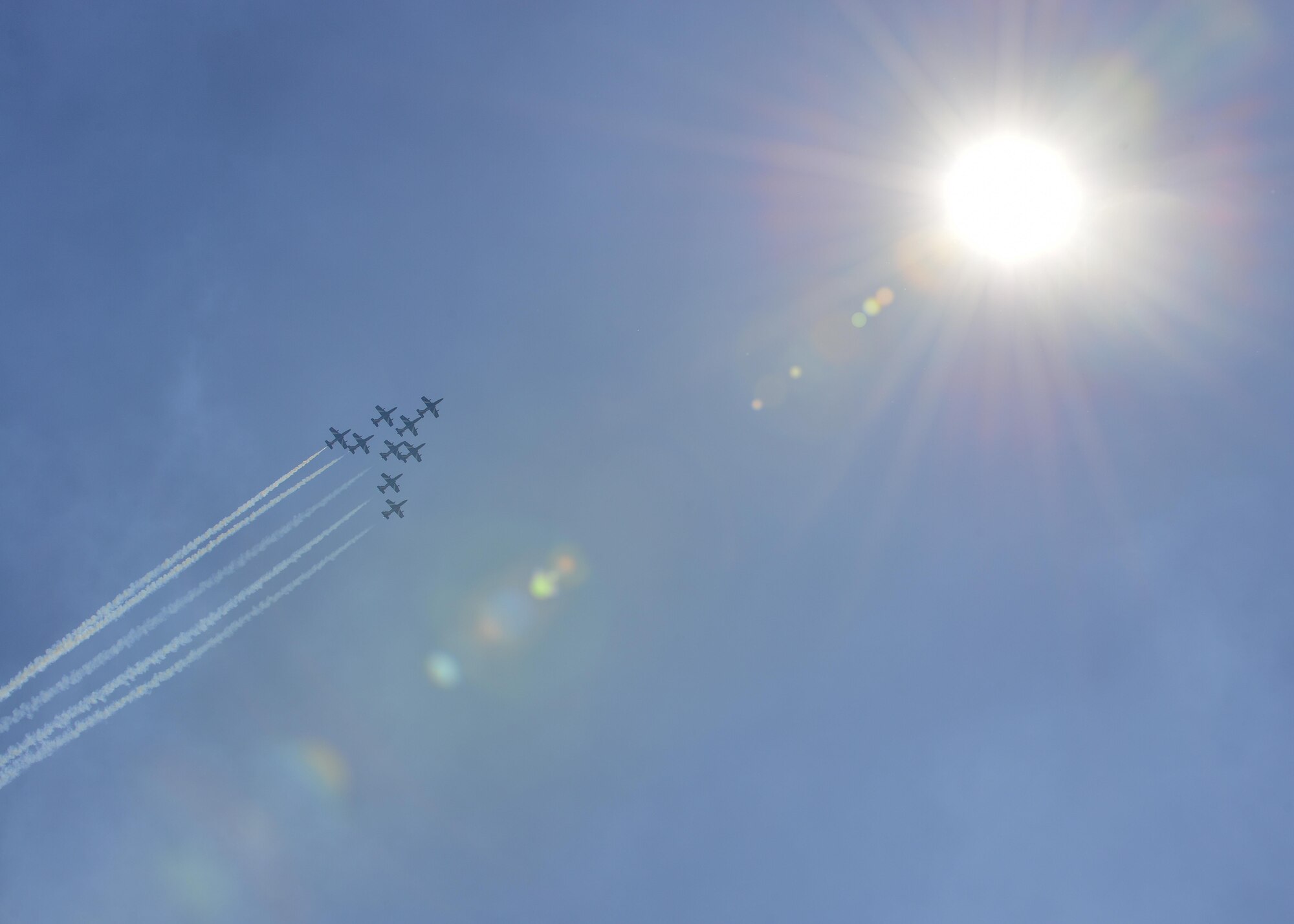The Italian air force Frecce Tricolori aerobatics team, practiced flying formations over Aviano Air Base, Italy, April 19, 2017. The aerobatic team is comprised of 10 Aermacchi MB-339 aircraft and their pilots from Rivolto air force base, Italy. (U.S. Air Force photo by Senior Airman Cary Smith)