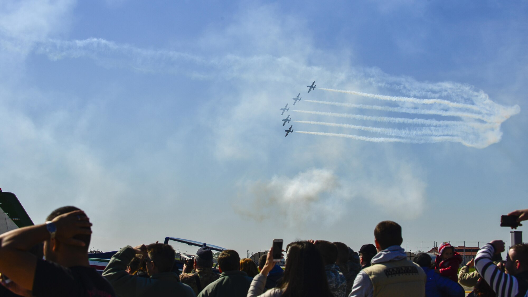 The Italian air force Frecce Tricolori aerobatics team, practiced flying formations over Aviano Air Base, Italy, April 19, 2017. The aerobatic team is comprised of 10 Aermacchi MB-339 aircraft and their pilots from Rivolto air force base, Italy. (U.S. Air Force photo by Senior Airman Cary Smith)