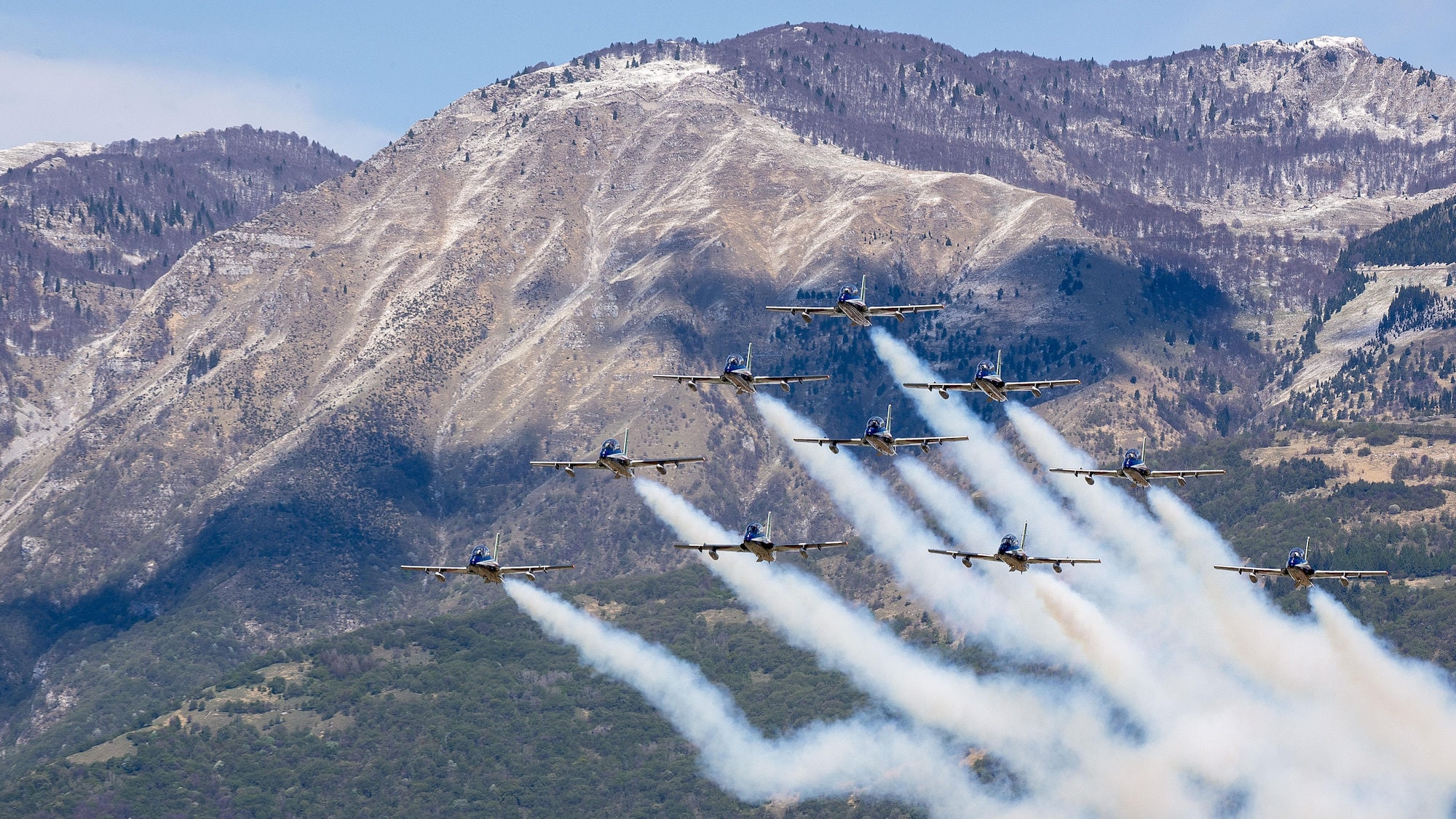 The Italian air force Frecce Tricolori aerobatics team, practiced flying formations over Aviano Air Base, Italy, April 19, 2017. They use the air space above Aviano each year to practice flying routines for their upcoming air shows. (U.S. Air Force photo by Senior Airman Cory W. Bush)
