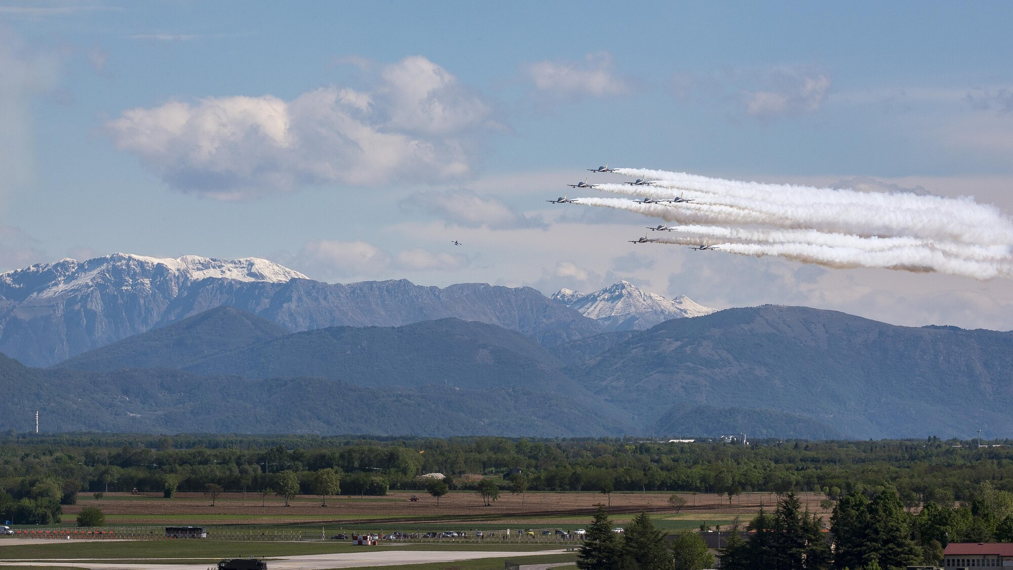 The Italian air force Frecce Tricolori aerobatics team, practiced flying formations over Aviano Air Base, Italy, April 19, 2017. They use the air space above Aviano each year to practice flying routines for their upcoming air shows. (U.S. Air Force photo by Senior Airman Cory W. Bush)