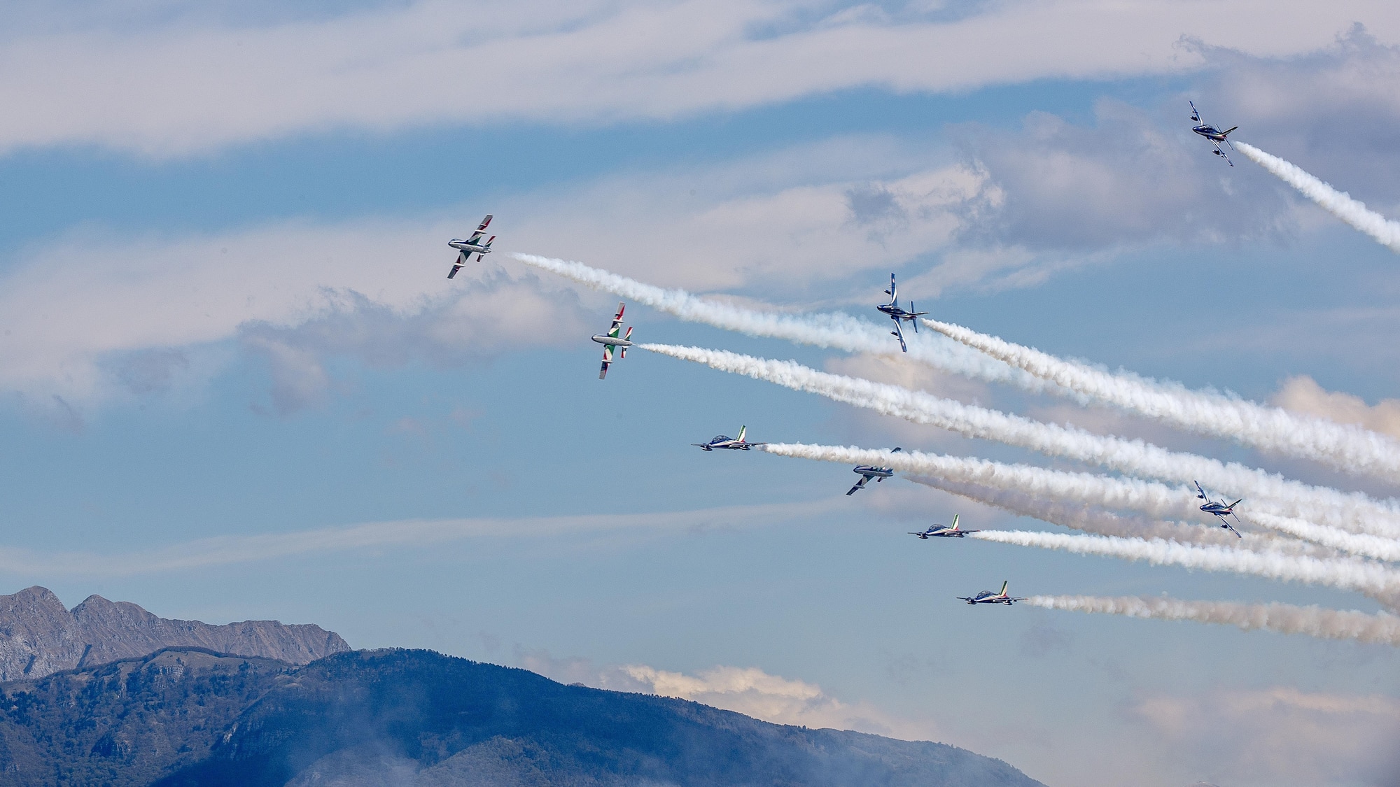 The Italian air force Frecce Tricolori aerobatics team, practiced flying formations over Aviano Air Base, Italy, April 19, 2017. They use the air space above Aviano each year to practice flying routines for their upcoming air shows. (U.S. Air Force photo by Senior Airman Cory W. Bush)