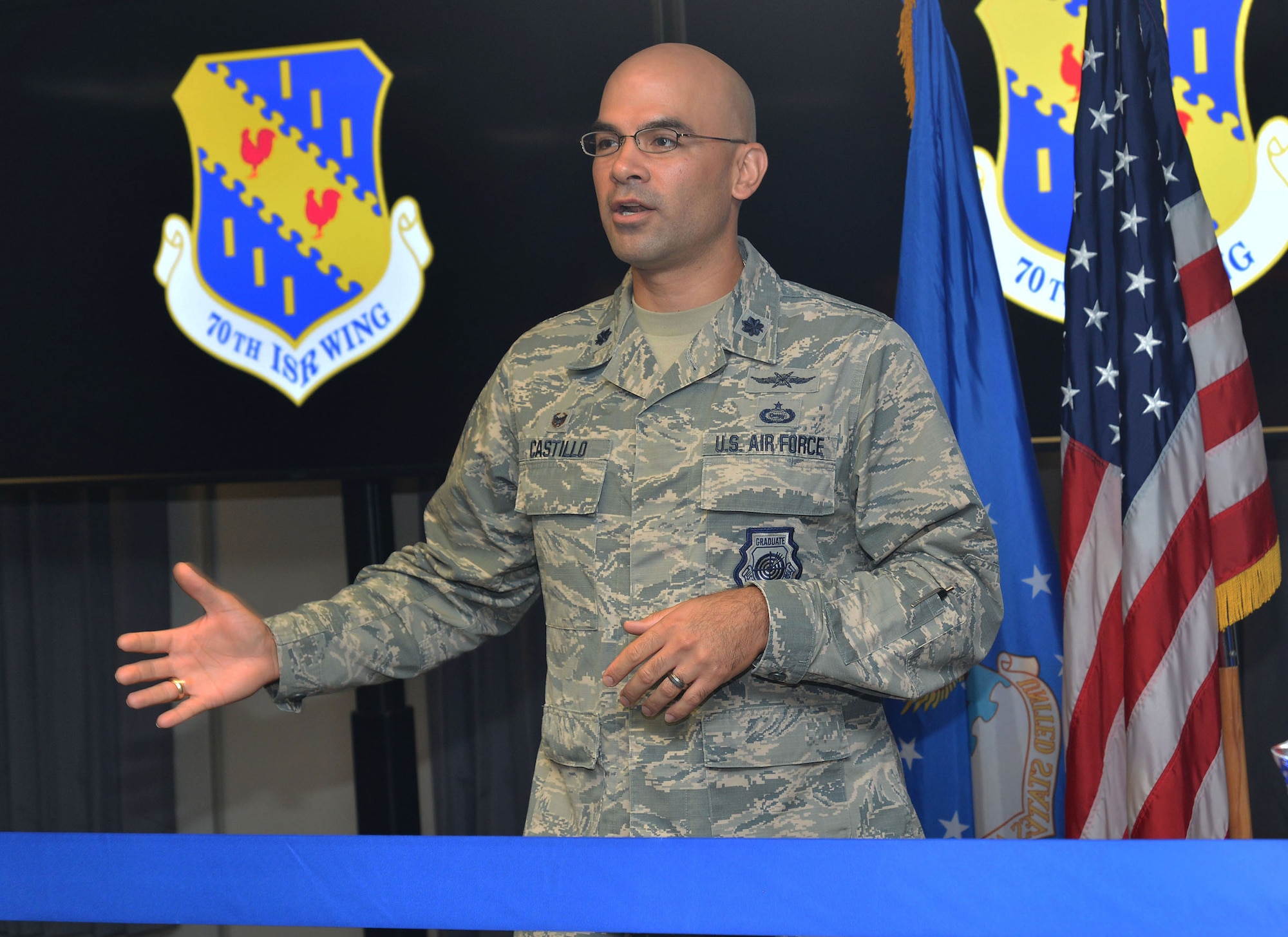 Lt. Col. Matthew Castillo, commander, 35th Intelligence Squadron, speaks about the Cyberspace Threat Intelligence Center during the ribbon cutting ceremony Apr. 10. Airmen and contractors with the 35th IS will be conducting operations to provide intelligence within the cyberspace domain at the CTIC. (U.S. Air Force photo by Lori Bultman)