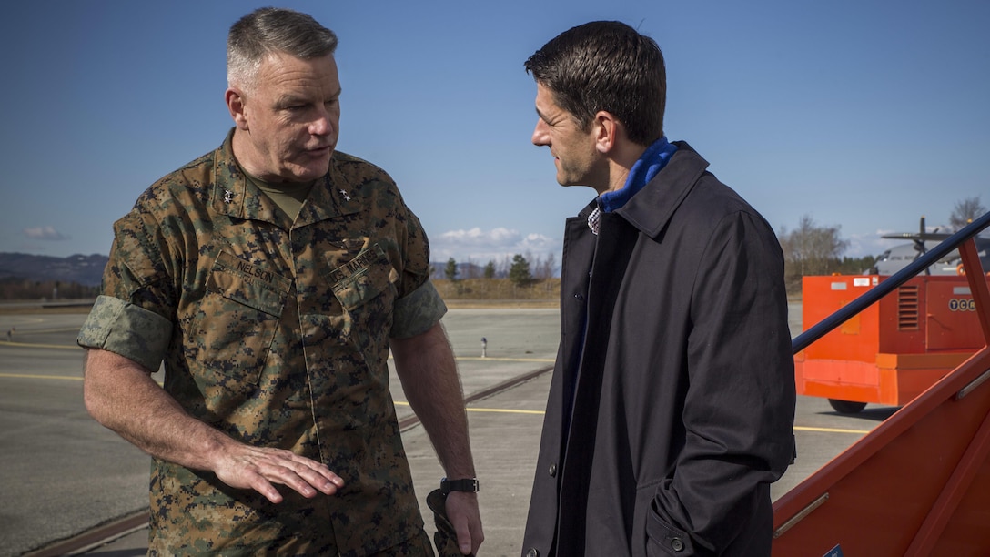 U.S. House of Representatives Speaker Paul Ryan is greeted by U.S. Marine Corps Major General Niel Nelson, Commander of Marine Corps Forces Europe and Africa, as he arrives in Stjørdal, Norway, April 18, 2017. The congressional delegation toured the Marine Corps Prepositioning Program caves which house Marine Corps logistical equipment. The MCPP-N program emphasizes the strong military bond between the U.S. and its Norwegian counterparts, sustaining a solid foundation for future cooperation.