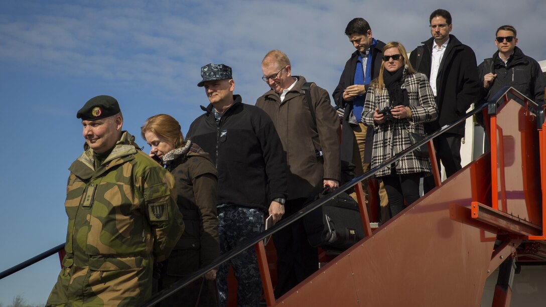 U.S. House of Representatives Speaker Paul Ryan and other members of a congressional delegation arrive on the tarmac in Stjørdal, Norway to tour the Marine Corps Prepositioning Program caves, April 18, 2017. The delegation’s visit demonstrates the Marine Corps’ dedication to peace by facilitating communication and idea sharing with Norway, building on a solid foundation for future cooperation.