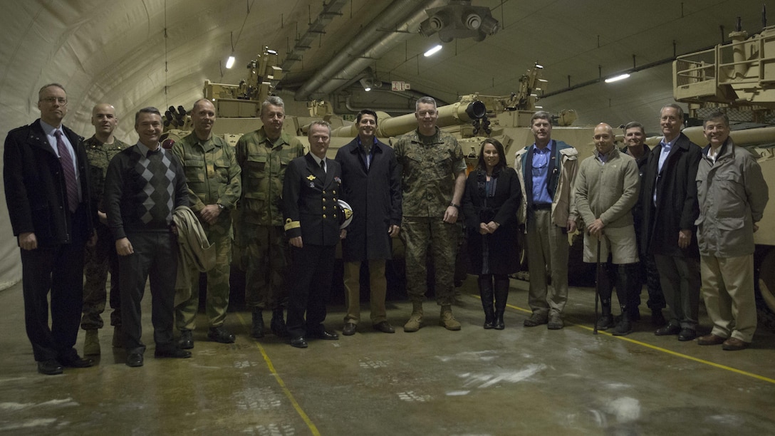 U.S. House of Representatives Speaker Paul Ryan and representatives pose for a photo at the Marine Corps Prepositioning Program’s caves in Norway, April 18, 2017. The congressional delegation toured the caves and met with the Marines of Marine Rotational Force Europe 17.1 and the Norwegian Home Guard 12 responsible for maintaining the caves. Home Guard 12 is tasked with the ensuring the safety of the caves and maintains the longest standing exchange program between two NATO nations.