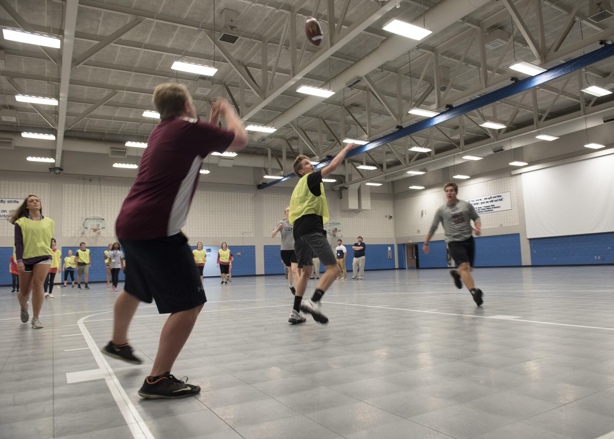 Students with Youth Leadership Blount play flicker ball in the Wilson Hall activities building during a tour at the Air National Guard’s I.G. Brown Training and Education Center April 18, 2017, as part of their leadership day. The students also met the commander, took a 4 Lenses assessment, and toured the TEC TV studios before leaving McGhee Tyson Air National Guard Base for other area events. (U.S. Air National Guard photo by Master Sgt. Mike R. Smith)