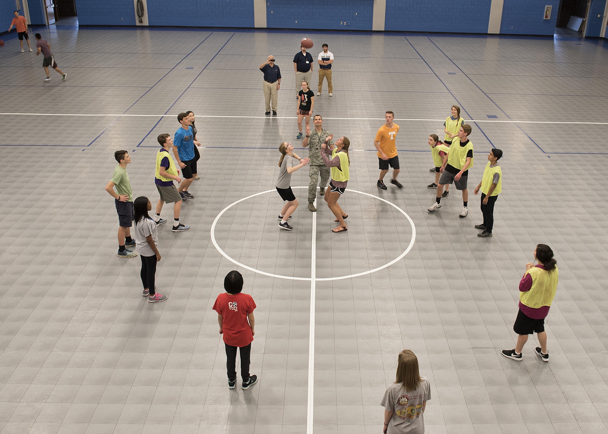 Students with Youth Leadership Blount play flicker ball in the Wilson Hall activities building at the Air National Guard’s I.G. Brown Training and Education Center April 18, 2017, as part of their leadership day. The students also met the commander, took a 4 Lenses assessment, and toured the TEC TV studios before leaving McGhee Tyson Air National Guard Base for other area events. (U.S. Air National Guard photo by Master Sgt. Mike R. Smith)