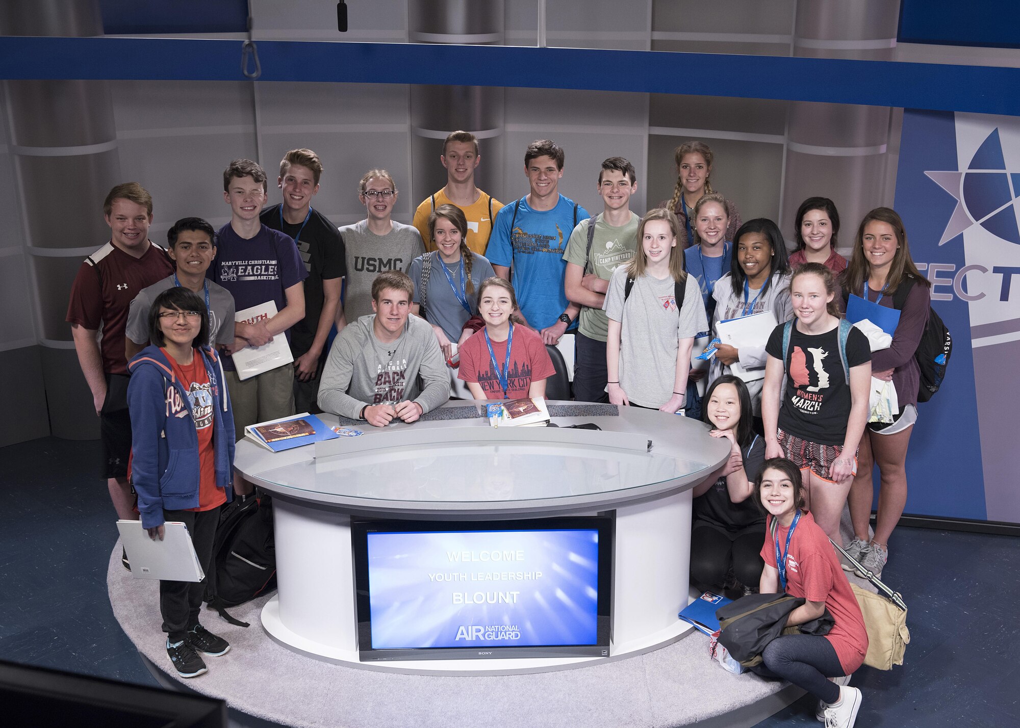 Students with Youth Leadership Blount take a television studio tour at the Air National Guard’s I.G. Brown Training and Education Center April 18, 2017, as part of their leadership day. The students met the commander, took a 4 Lenses assessment, toured the TEC TV studios and played a game of flicker ball before leaving McGhee Tyson Air National Guard Base for other area events. (U.S. Air National Guard photo by Master Sgt. Mike R. Smith)