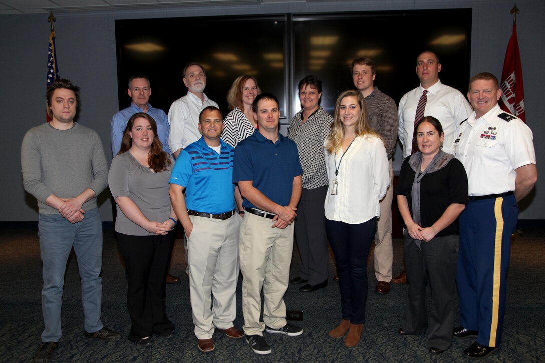 The “Terrific Twelve” ERDC University participants for 2017 are pictured from left to right, Andrew Lenox, Krystle Miner, Joseph Minter, Nicholas Barkowski, Jennifer Kist, Nicole Fresard, Stephen Potts, Jeff Roberts, Sarah Spatzer, Theresa “Tobi” Cox, Nicholas Koutsunis and David Lattuca along with ERDC Commander Col. Bryan Green.