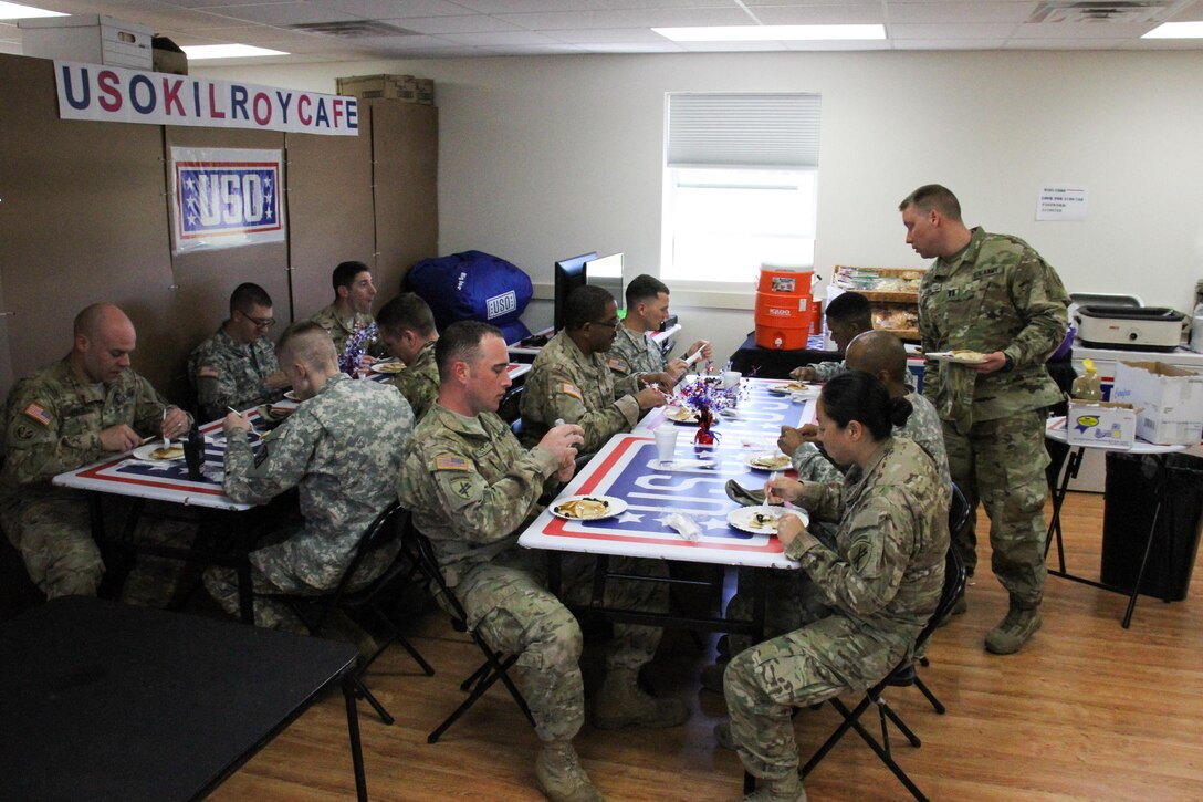 U.S. Army Reserve Soldiers enjoy a short respite from training at the USO Wisconsin’s pancake brunch, during Operation Cold Steel at Fort McCoy, Wis., April 16, 2017. Operation Cold Steel is the U.S. Army Reserve's crew-served weapons qualification and validation exercise to ensure that America's Army Reserve units and Soldiers are trained and ready to deploy on short-notice and bring combat-ready and lethal firepower in support of the Army and our joint partners anywhere in the world. (U.S. Army Reserve photo by Staff Sgt. Debralee Best, 84th Training Command)