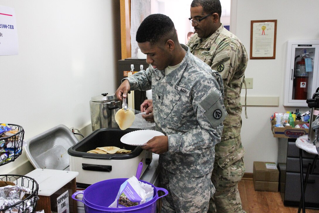 U.S. Army Reserve Soldiers enjoy a short respite from training at the USO Wisconsin’s pancake brunch, during Operation Cold Steel at Fort McCoy, Wis., April 16, 2017. Operation Cold Steel is the U.S. Army Reserve's crew-served weapons qualification and validation exercise to ensure that America's Army Reserve units and Soldiers are trained and ready to deploy on short-notice and bring combat-ready and lethal firepower in support of the Army and our joint partners anywhere in the world. (U.S. Army Reserve photo by Staff Sgt. Debralee Best, 84th Training Command)