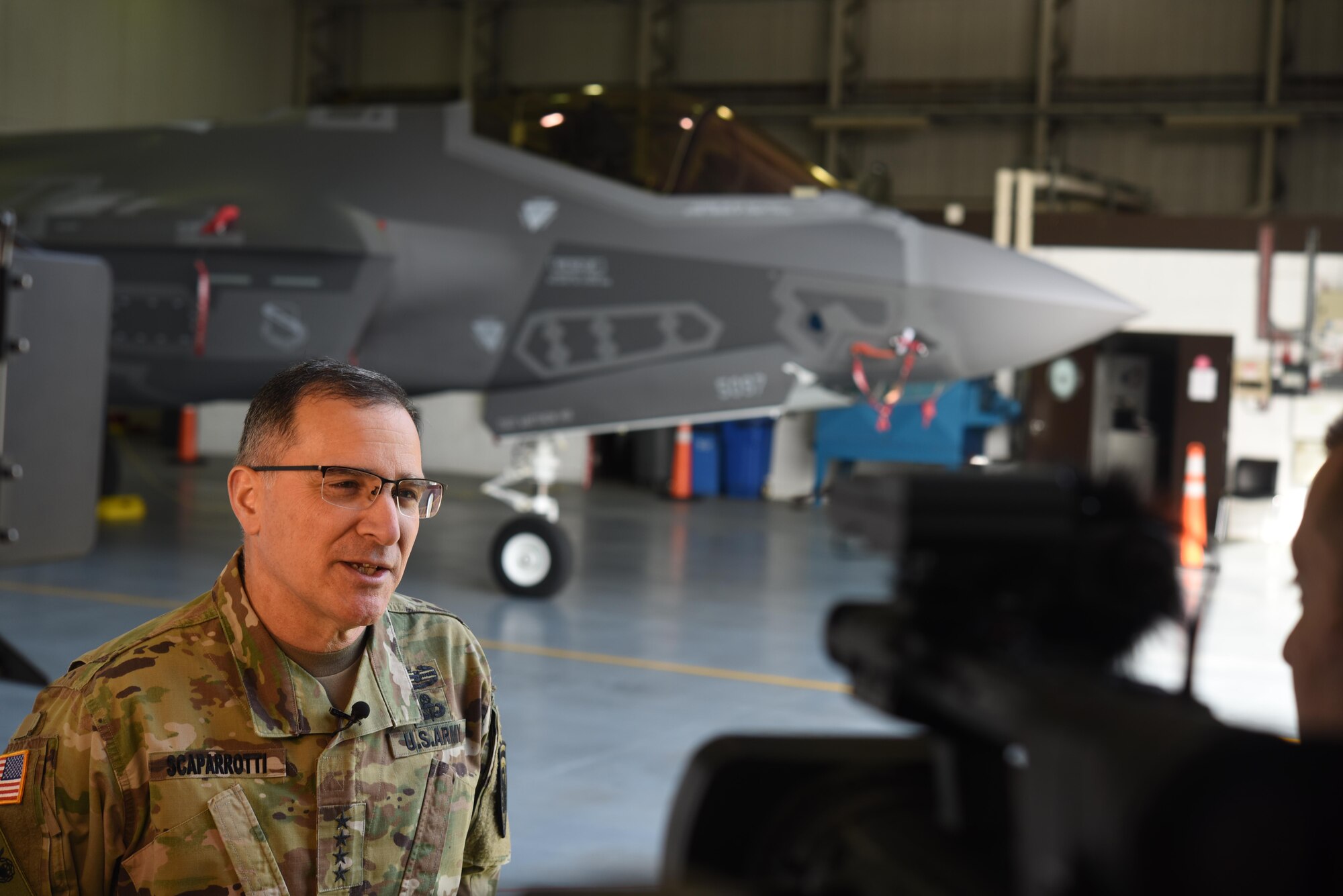 U.S. Army Gen. Curtis M. Scaparrotti, commander, U.S. European Command and NATO Supreme Allied Commander Europe, answers questions during an interview at Royal Air Force Lakenheath, England, April 19, 2017. During his visit, Scaparrotti spoke at an all-call for 48th Fighter Wing Airmen and visiting Airmen from Hill Air Force Base, Utah, who are participating in the first overseas training deployment of the F-35A Lightning II. (U.S. Air Force photo/Airman 1st Class Eli Chevalier)