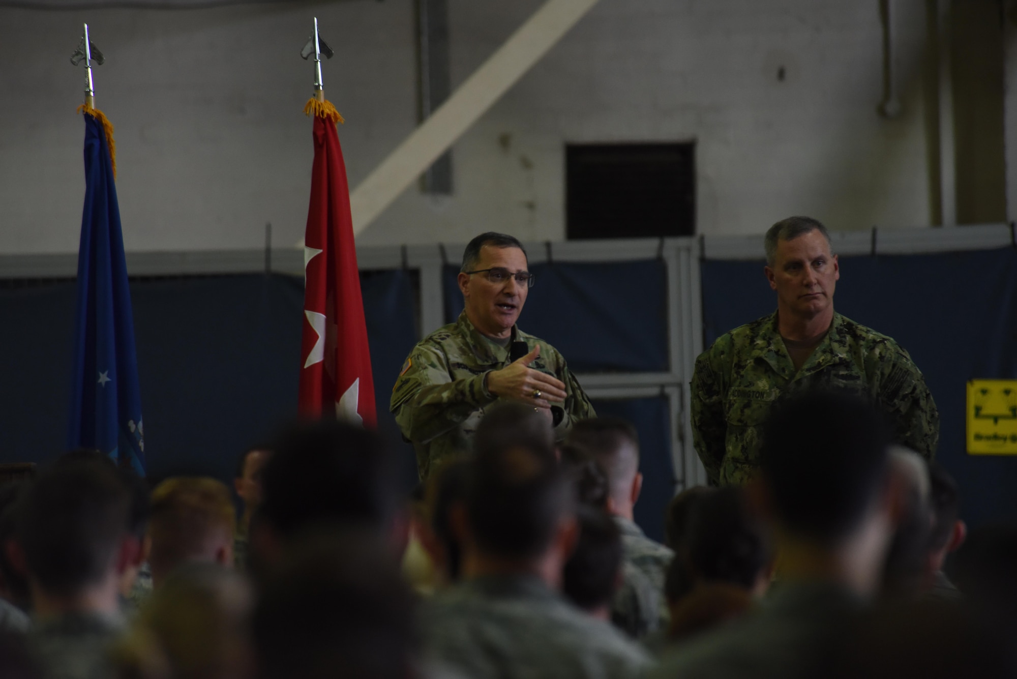 U.S. Army Gen. Curtis M. Scaparrotti, commander, U.S. European Command and NATO Supreme Allied Commander Europe, speaks during an all-call at Royal Air Force Lakenheath, England, April 19, 2017. During the all-call, Scaparrotti discussed his priorities, which included topics such as providing ready and postured forces relevant to today’s threat to countering terrorism, as well as the importance of the F-35A Lightning II. (U.S. Air Force photo/Airman 1st Class Eli Chevalier)