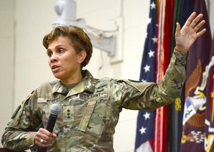 Lt. Gen. Nadja Y.West, U.S. Army Surgeon General and commanding general, U.S. Army Medical Command, and MEDCOM Command Sergeant Major Gerald C. Ecker, addressed Army Medical Department Center & School Soldiers attending the Captain Career Course and Non Commissioned Officers Academy at professional development sessions at Joint Base San Antonio-Fort Sam Houston  April 19. West opened the session by taking questions and engaging in a discussion. Soldiers asked a broad range of questions about training, readiness and leadership. The surgeon general emphasized the importance of Army Medicine in operational planning and exercises and the critical role of maintaining readiness.