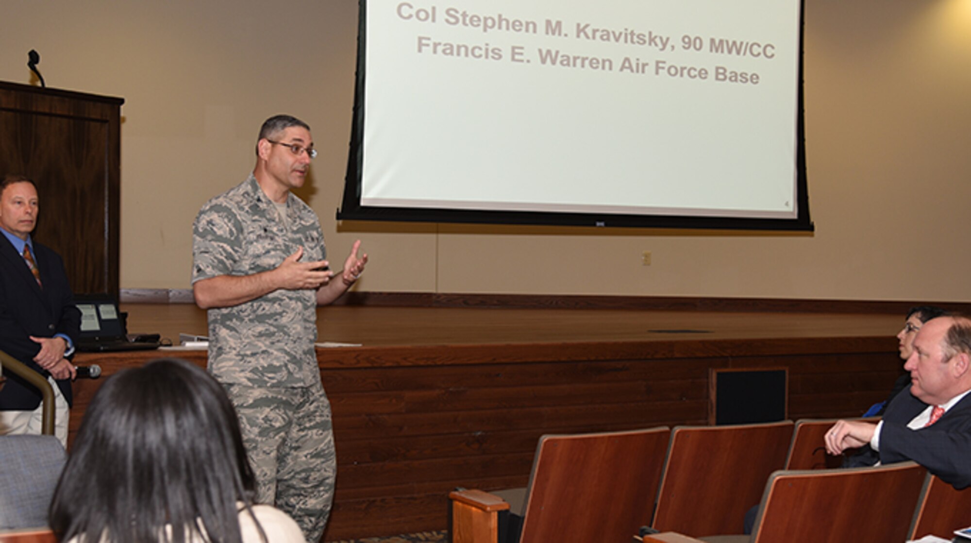 Col. Stephen Kravitsky, 90th Missile Wing commander, discusses the history and intention for the Enhanced Use Lease at the Industry Day on April 18, 2017, at the Joint Forces Readiness Center in Cheyenne, Wyo. 74 acres on the south border of the base are being opened to public bid for development as part of the EUL. More than thirty individuals came to the event, representing more than 15 property-development organizations. (U.S. Air Force photo by Glenn S. Robertson)