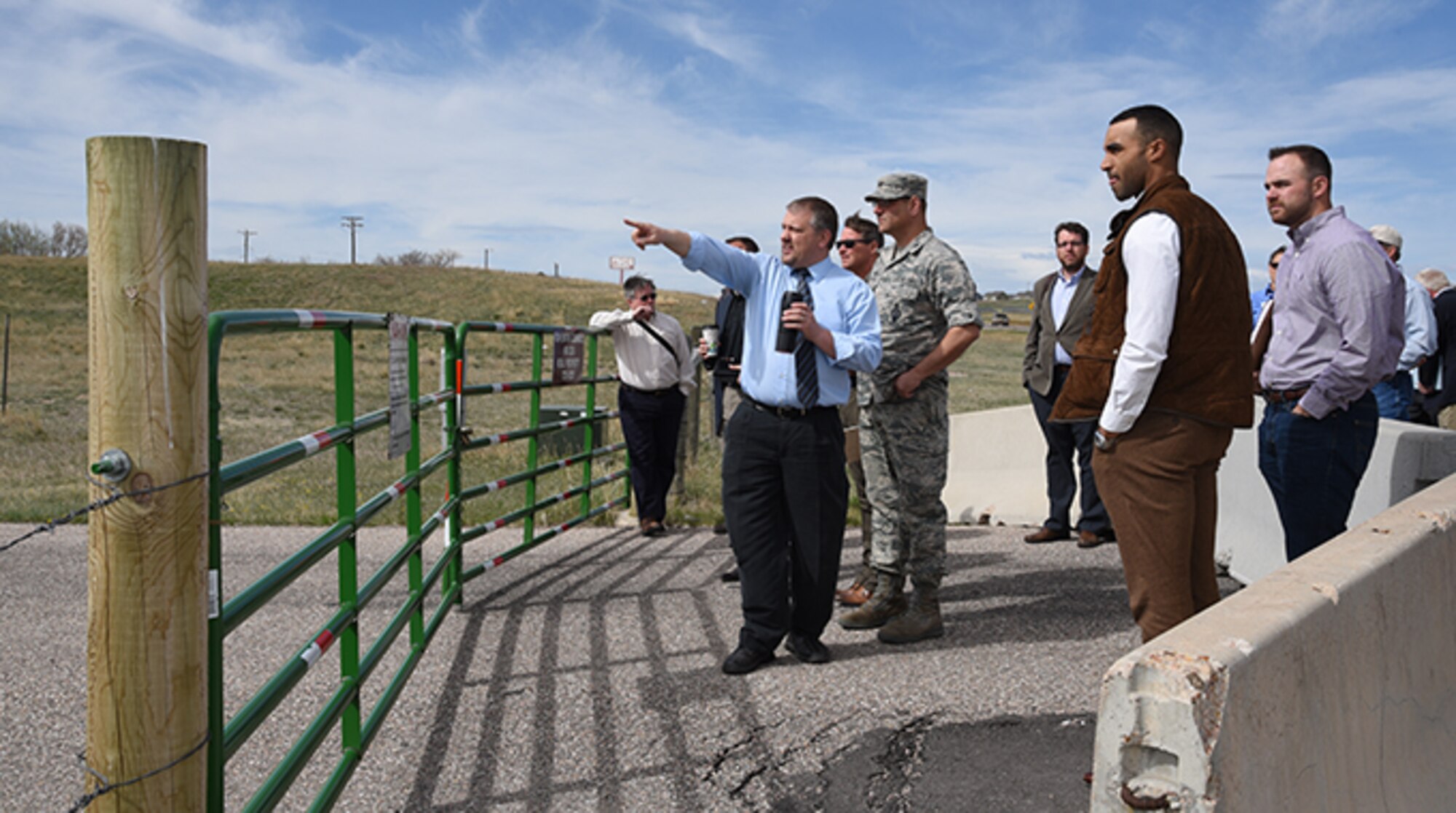 Todd Eldridge, F.E. Warren Enhanced Use Lease project manager, points out the boundaries of the land being considered for development as part of Industry Day at F.E. Warren Air Force Base, Wyo., April 18, 2017. 74 acres on the south border of the base are being opened to public bid for development as part of the EUL. More than thirty individuals came to the event, representing more than 15 property-development organizations. (U.S. Air Force photo by Glenn S. Robertson)