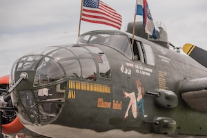 DAYTON, Ohio (04/2017) -- Eleven B-25 Mitchell bombers were on static display at the National Museum of the U.S. Air Force on April 17-18, 2017, as part of the Doolittle Tokyo Raiders 75th Anniversary. The B-25 aircraft pictured here is "Show Me", owned by John Lohmar and Matt Conrad from MO CAF Squadron in St. Louis, MO. (U.S. Air Force photo by Kevin Lush)