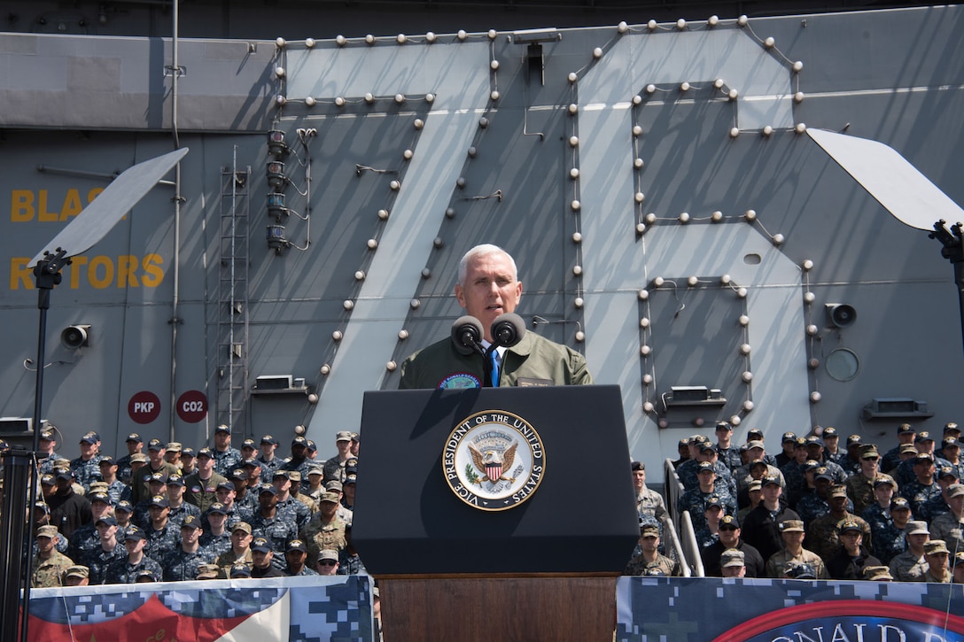 Vice President Mike Pence addresses service members on the USS Ronald Reagan in Yokosuka, Japan, April 19, 2017. White House photo by D. Myles Cullen