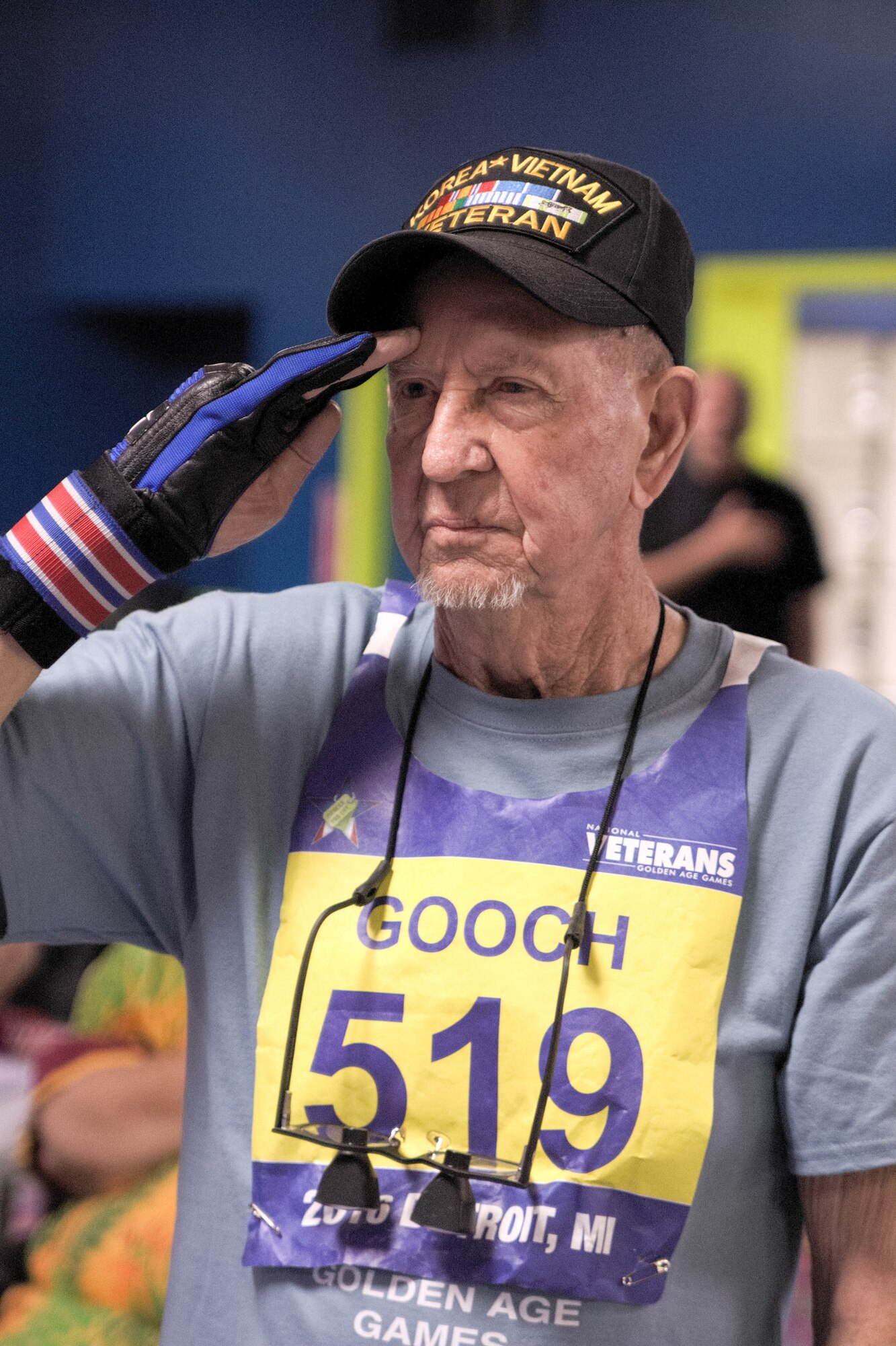A veteran salutes at the bowling competition during the 2016 National Veterans Golden Age Games in Detroit. The 2017 NVGAG will take place from May 7-11, 2017, in Biloxi, Miss. 