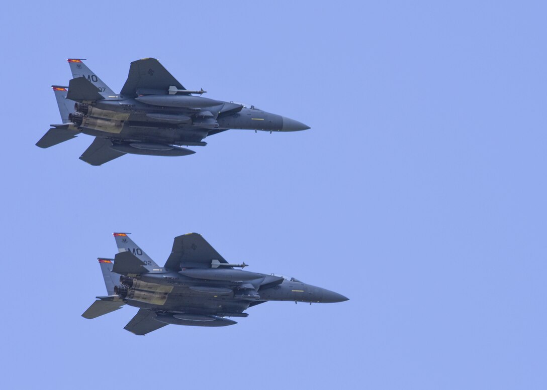 U.S. Air Force F-15E Strike Eagles assigned to Mountain Home Air Force Base, Idaho, prepare to land during ATLANTIC TRIDENT 17 at Joint Base Langley-Eustis, Va., April 14, 2017. The exercise allows 27th and 94th Fighter Squadrons the opportunity to team with French and British allies and prepare them for threats. (U.S. Air Force photo/Airman 1st Class Anthony Nin Leclerec)