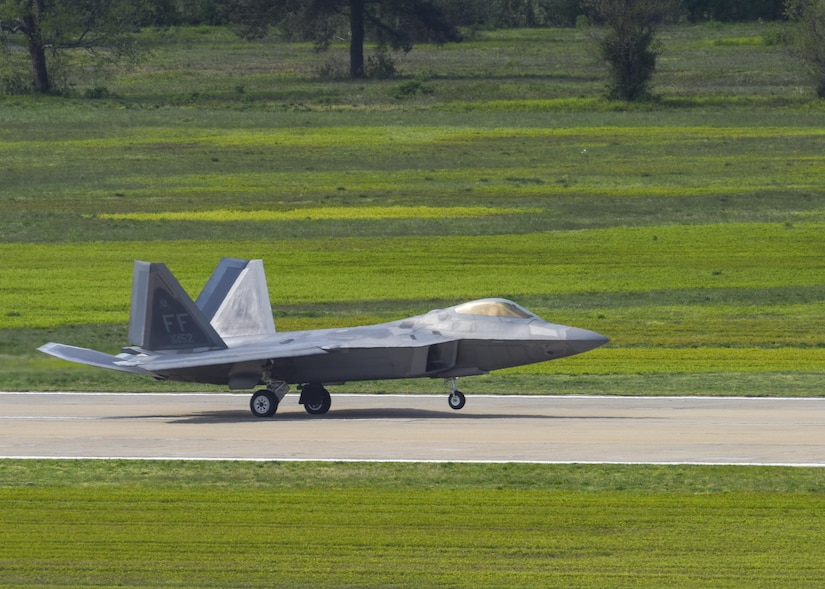 A U.S. Air Force F-22 Raptor, lands during ATLANTIC TRIDENT 17 at Joint Base Langley-Eustis, Va., April 17, 2017. The exercise focused on operations in a highly contested operational environment through a variety of complex, simulated adversary scenarios. (U.S. Air Force photo/Airman 1st Class Anthony Nin Leclerec)