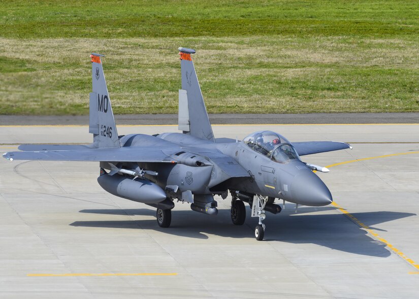 A U.S. Air Force F-15E Strike Eagle assigned to Mountain Home Air Force Base, Idaho, taxis on the runway during ATLANTIC TRIDENT 17 at Joint Base Langley-Eustis, Va., April 14, 2017. The exercise honors the pilots assigned to the 27th and 94th Pursuit Squadron who flew alongside Royal air force and French air force allies for the first time 100 years ago. (U.S. Air Force photo/Airman 1st Class Anthony Nin Leclerec)