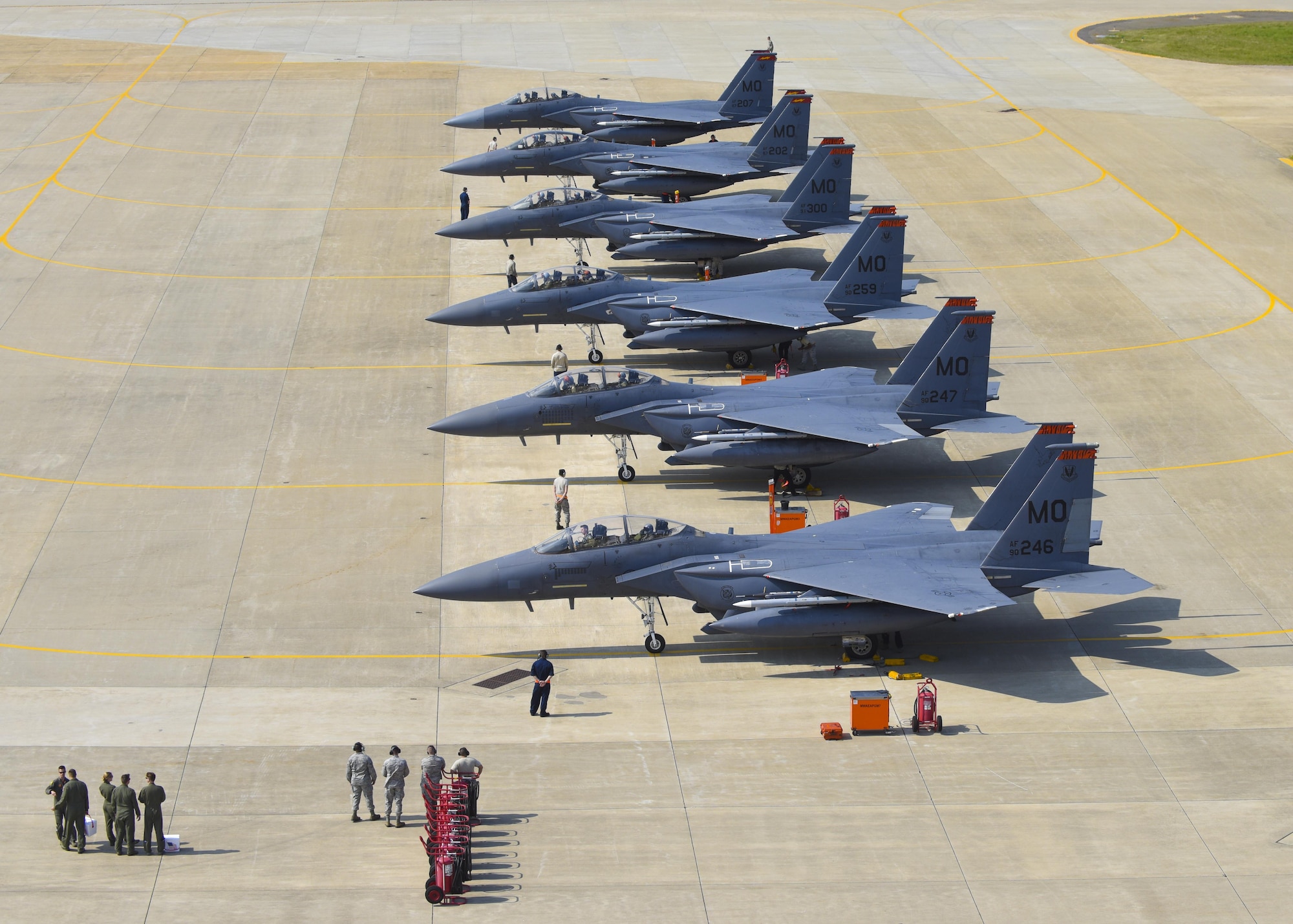 U.S. Air Force F-15E Strike Eagles assigned to Mountain Home Air Force Base, Idaho, park on the flightline during ATLANTIC TRIDENT 17 at Joint Base Langley-Eustis, Va., April 14, 2017. While playing the role of adversarial aircraft during the exercise, the F-15E provides Airmen and allied partners the opportunity to experience realistic combat scenarios that enhance the ability to effectively fight together in combat environments. (U.S. Air Force photo/Airman 1st Class Anthony Nin Leclerec)