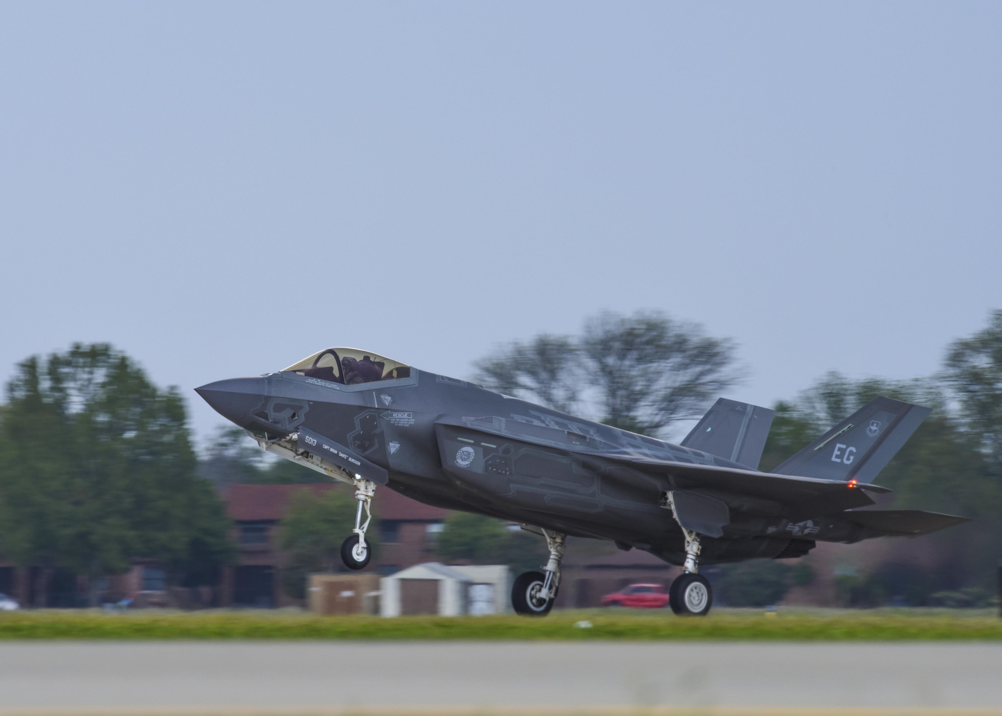 A U.S. Air Force F-35A Lightning II, assigned to Eglin Air Force Base, Fla., lands on the flightline during ATLANTIC TRIDENT 17 at Joint Base Langley-Eustis, Va., April 17, 2017. Adding the F-35A to the training increased capabilities and added another technologically advanced fighter to the allied airpower capability. (U.S. Air Force photo/Airman 1st Class Anthony Nin Leclerec)