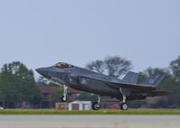 A U.S. Air Force F-35A Lightning II, assigned to Eglin Air Force Base, Fla., lands on the flightline during ATLANTIC TRIDENT 17 at Joint Base Langley-Eustis, Va., April 17, 2017. Adding the F-35A to the training increased capabilities and added another technologically advanced fighter to the allied airpower capability. (U.S. Air Force photo/Airman 1st Class Anthony Nin Leclerec)