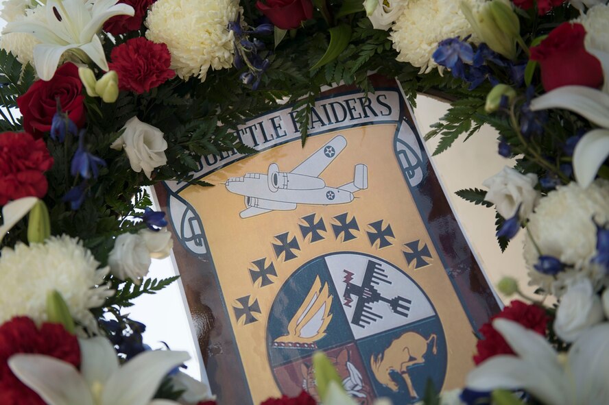 A wreath commemorating the 75th Anniversary of the Doolittle Tokyo Raid is placed at the Air Force Memorial in Arlington, Va., during a wreath laying ceremony Apr. 18, 2017. (Photo by Senior Master Sgt. Adrian Cadiz)(Released)