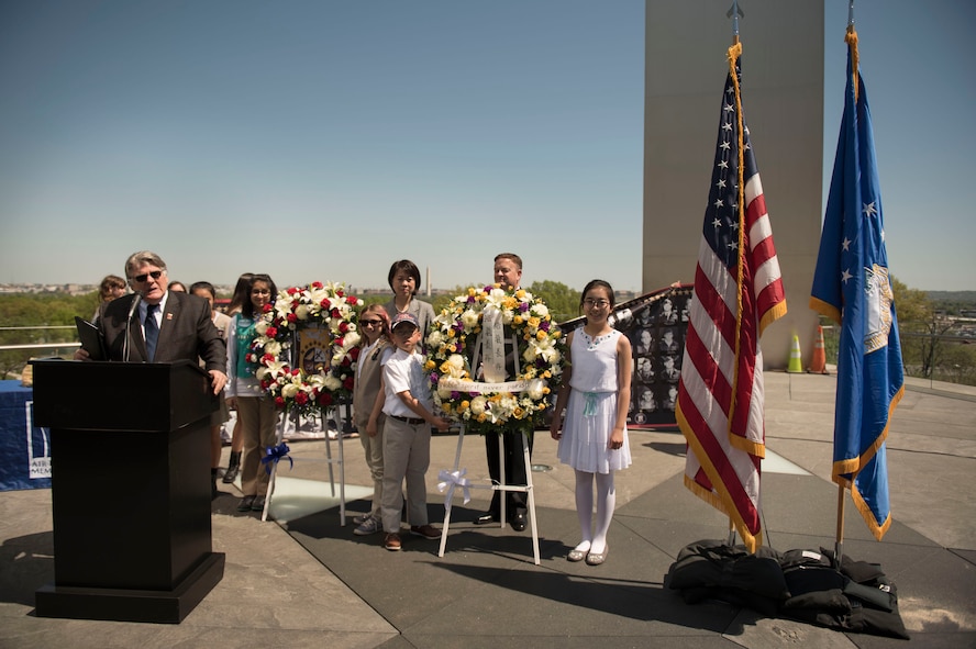 Mr. Warren Hegg, National Supervisor, Keep the Spirit of '45 Alive delivers remarks during a wreath laying ceremony honoring the 75th Anniversary of the Doolittle Tokyo Raid at the Air Force Memorial in Arlington, Va., Apr. 18, 2017. (Photo by Senior Master Sgt. Adrian Cadiz)(Released)